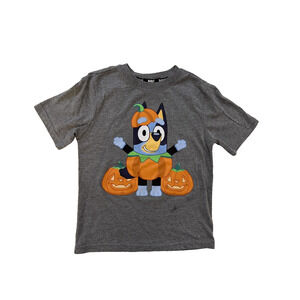 Bluey Shirt Youth 6/7 Gray Halloween Pumpkin Jack-O-Lantern Julyween Tee